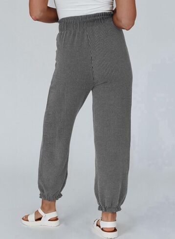Dokotoo Womens Casual Pants Drawstring Textured 2024 High Waisted Ribbed Fall Long Carrot Baggy Trousers with Pockets in Saudi Arabia