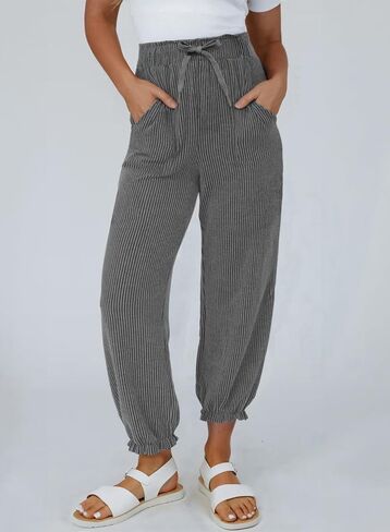 Dokotoo Womens Casual Pants Drawstring Textured 2024 High Waisted Ribbed Fall Long Carrot Baggy Trousers with Pockets in Saudi Arabia