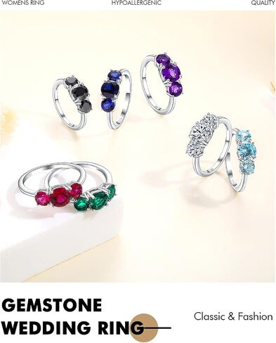 DAYBYDAY 3 Stone Engagement Rings for Women, Sterling Silver Lab Ruby/Sapphire/Emerald/Amethyst/Aquamarine Three-Stone Gemstone Wedding Promise Rings for Her, Wife Mom Anniversary Birthstone Jewelry in Kuwait
