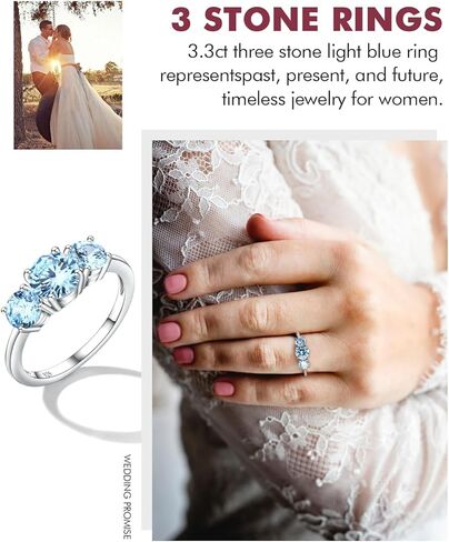 DAYBYDAY 3 Stone Engagement Rings for Women, Sterling Silver Lab Ruby/Sapphire/Emerald/Amethyst/Aquamarine Three-Stone Gemstone Wedding Promise Rings for Her, Wife Mom Anniversary Birthstone Jewelry in Kuwait