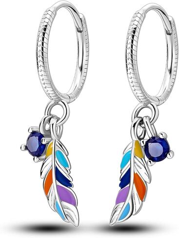 Parmuz 925 Sterling Silver Dangle Drop Hoop Earring for woman Boho vintage Feather Dangling Earring set purple Dream Catcher Simple Small Huggie earring Jewelry Gift in Kuwait