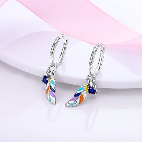 Parmuz 925 Sterling Silver Dangle Drop Hoop Earring for woman Boho vintage Feather Dangling Earring set purple Dream Catcher Simple Small Huggie earring Jewelry Gift in Kuwait