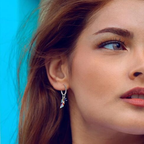 Parmuz 925 Sterling Silver Dangle Drop Hoop Earring for woman Boho vintage Feather Dangling Earring set purple Dream Catcher Simple Small Huggie earring Jewelry Gift in Kuwait