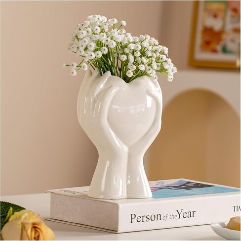 8" Heart Hands White Ceramic Vase - Modern Aesthetic Flowers Vase for Living Room Bedroom Office Kitchen Table Centerpiece or Shelf Decor-Gifts for Wedding Bridal Shower Women Mom (White) in Saudi Arabia