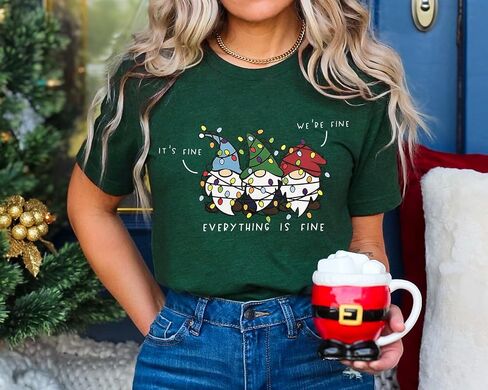 It's Fine We're Fine Everything is Fine Christmas Shirt for Women Christmas Gnome T-Shirt Funny Holiday Tee Tops in Saudi Arabia
