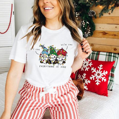It's Fine We're Fine Everything is Fine Christmas Shirt for Women Christmas Gnome T-Shirt Funny Holiday Tee Tops in Saudi Arabia