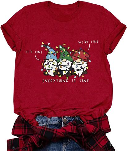 It's Fine We're Fine Everything is Fine Christmas Shirt for Women Christmas Gnome T-Shirt Funny Holiday Tee Tops in Saudi Arabia