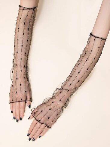 OYOANGLE Women's 1 Pairs Mesh Sheer Striped Glitter Arm Sleeves Wedding Bridal Fingerless Gloves in Saudi Arabia