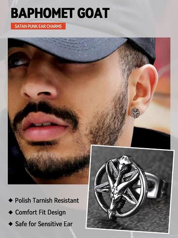FaithHeart Silver Satan Stud Earrings for Men Baphomet/Skull/Leviathan/Lucifer Earrings Stainless Steel Lightweight Earrings Gothic Punk Satanic Jewelry in Saudi Arabia