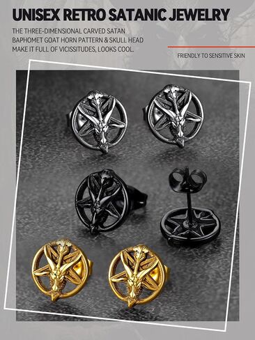 FaithHeart Silver Satan Stud Earrings for Men Baphomet/Skull/Leviathan/Lucifer Earrings Stainless Steel Lightweight Earrings Gothic Punk Satanic Jewelry in Saudi Arabia