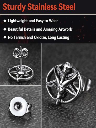 FaithHeart Silver Satan Stud Earrings for Men Baphomet/Skull/Leviathan/Lucifer Earrings Stainless Steel Lightweight Earrings Gothic Punk Satanic Jewelry in Saudi Arabia