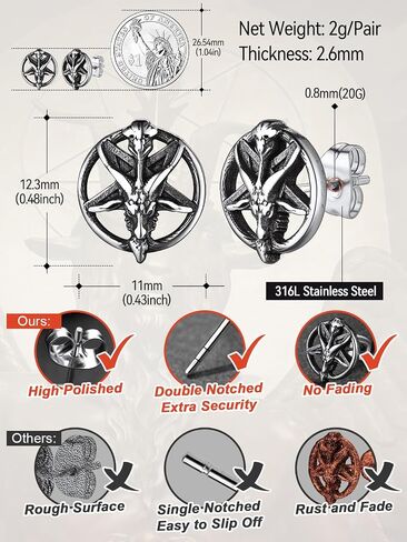 FaithHeart Silver Satan Stud Earrings for Men Baphomet/Skull/Leviathan/Lucifer Earrings Stainless Steel Lightweight Earrings Gothic Punk Satanic Jewelry in Saudi Arabia