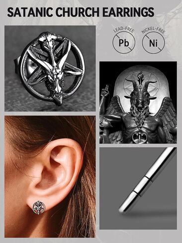 FaithHeart Silver Satan Stud Earrings for Men Baphomet/Skull/Leviathan/Lucifer Earrings Stainless Steel Lightweight Earrings Gothic Punk Satanic Jewelry in Saudi Arabia