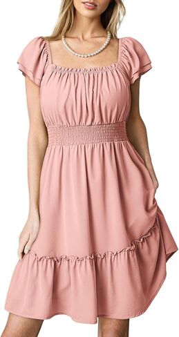 Dokotoo Womens Summer Dresses 2025 Ruffle Short Sleeve Shirred High Waist Tiered Smocked A-Line Casual Dress with Pocket in Saudi Arabia