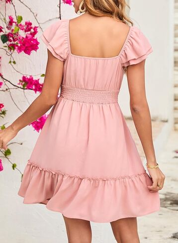 Dokotoo Womens Summer Dresses 2025 Ruffle Short Sleeve Shirred High Waist Tiered Smocked A-Line Casual Dress with Pocket in Saudi Arabia