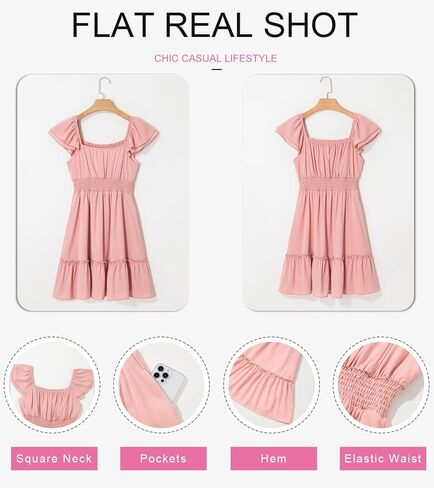 Dokotoo Womens Summer Dresses 2025 Ruffle Short Sleeve Shirred High Waist Tiered Smocked A-Line Casual Dress with Pocket in Saudi Arabia