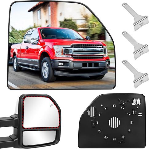 استبدال زجاج المرآة العلوية الساخنة من جانب الركاب متوافق مع 2015-2020 Ford F150، 2017-2022 F250 F350 F450 F550 مرآة السحب اليمنى مع 3 مقاطع - FL3Z17K707G in Kuwait