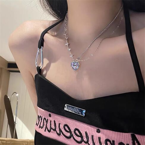 Crystal Heart Pendant Necklace for Women,Punk Dainty Adjustable Love Heart Clavicle Chain Necklace Sparkle Zircon Star Heart Choker Statement Y2k Jewelry in Saudi Arabia