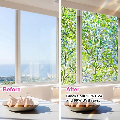 Window Privacy Film - Elegant Leaves Stained Glass Privacy Window Film for Enhanced Home Privacy - Non-Adhesive Reusable Decorative for Room (17.5x78.7 in) in Saudi Arabia