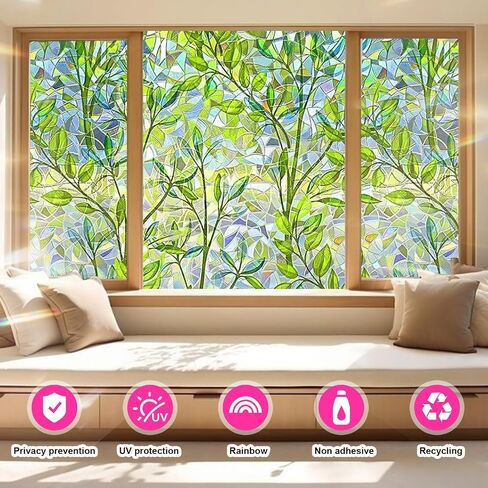 Window Privacy Film - Elegant Leaves Stained Glass Privacy Window Film for Enhanced Home Privacy - Non-Adhesive Reusable Decorative for Room (17.5x78.7 in) in Saudi Arabia
