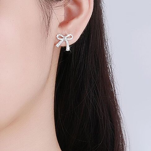 Dainty Bow Earrings for Women Trendy Sparkly Bow Stud Earrings Silver Rhinestone Earrings Bow Jewelry for Wedding Prom Outfits Christmas Gifts 2024 in Saudi Arabia