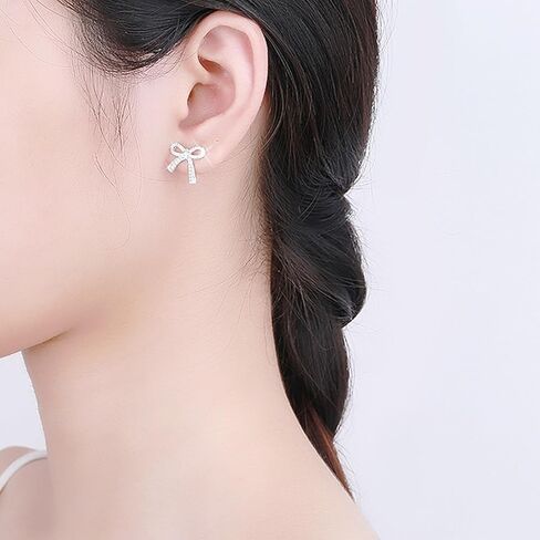 Dainty Bow Earrings for Women Trendy Sparkly Bow Stud Earrings Silver Rhinestone Earrings Bow Jewelry for Wedding Prom Outfits Christmas Gifts 2024 in Saudi Arabia