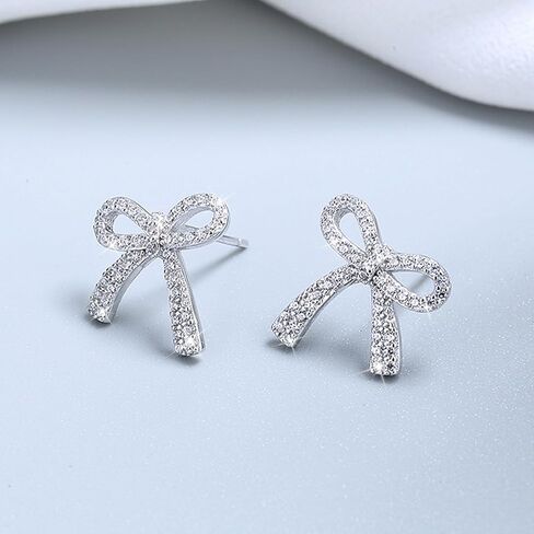 Dainty Bow Earrings for Women Trendy Sparkly Bow Stud Earrings Silver Rhinestone Earrings Bow Jewelry for Wedding Prom Outfits Christmas Gifts 2024 in Saudi Arabia
