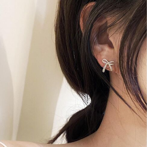 Dainty Bow Earrings for Women Trendy Sparkly Bow Stud Earrings Silver Rhinestone Earrings Bow Jewelry for Wedding Prom Outfits Christmas Gifts 2024 in Saudi Arabia