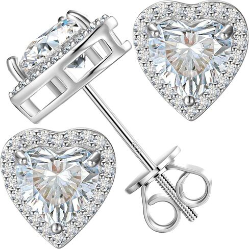 Moissanite Diamond Heart Earrings Stud Screw Back 0.3-2.0ct 4-8mm 18K White Gold Plated 925 Sterling Silver Moissanite Diamond Halo Stud Earrings for Women in Saudi Arabia