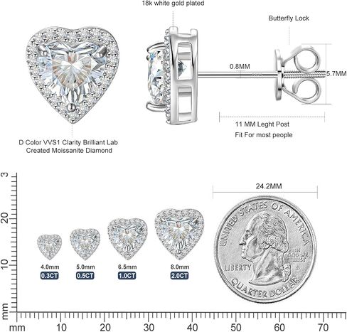 Moissanite Diamond Heart Earrings Stud Screw Back 0.3-2.0ct 4-8mm 18K White Gold Plated 925 Sterling Silver Moissanite Diamond Halo Stud Earrings for Women in Saudi Arabia