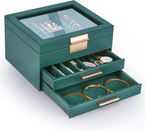 3-Layer Jewelry Box for Women, Jewelry Organizer with Glass Lid and Drawers, Jewelry Organizers and Storage for Necklaces, Rings, Earrings, Bracelets - White/Green/Black. in Kuwait