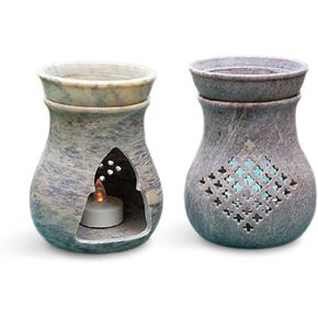 India Handicrafts Greywash 4.5 inch Soap Stone Decorative Table Top, Tea Light Holder with Oil Burner Plate, Vessel for Fragrances, Small Bowl Holder for Candle Tarts