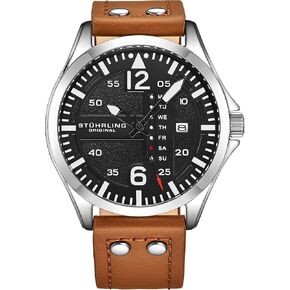 Stuhrling Original Mens Leather Watch -Aviation Watch, Quick-Set Day-Date Leather Band with Steel Rivets,