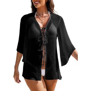 Herseas Women Swimsuit Cover Up Tie Knot Open Front Chiffon Kimono 2025 Summer Beach Dress Short Bikini Coverups