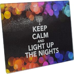 Chanukah Themed Serving Tray – “Keep Calm and Light Up The Nights" Decorative Tempered Glass Plate – 12" x 16" - Chanuka Party and Gift Items