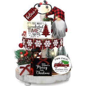 16 Pcs Winter Rustic Tiered Tray Decor Gnome Plush Tray Decor Farmhouse Buffalo Plaid Wood Table Signs for Winter Table Centerpieces Home Decorations