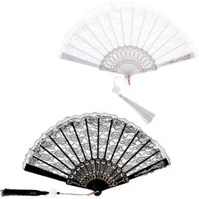 2 Pcs Lace Folding Fan Handheld Chinese Folding Fan Embroidered Flower Hand Fans Vintage Style Fan with White Lotus Tassel Floral Folding Hand Fan for Party Wedding Dancing Decoration (Black, White)