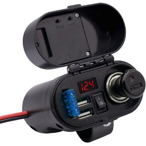 BlueFire 5V/3A Dual USB Charger Socket Waterproof Motorcycle Handlebar & Rear View Mirror Clamp Power Adapter Charger with Cigarette Lighter Socket, Voltmeter for Phones/Tablets/GPS (Black 1)