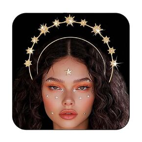 Fashey Star Halo Crown Gold Star Headband Goddess Halo Crown Rhinestone Headpiece Hair Accessories for Women (Gold)
