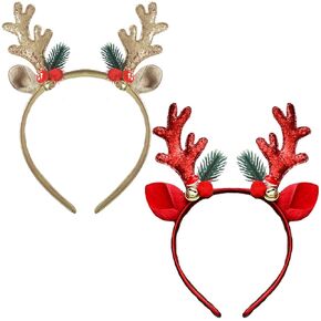 2 Pcs Christmas Reindeer Antlers Headband Deer Antlers Ears Hair Hoops Bands Elk Horns Headpiece Hairband Women Xmas Tree Bells Cosplay Dress Up Halloween Wedding Holiday Birthday Party Accessories