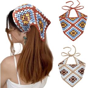 AWAYTR Crochet Bandana Head Kerchief Hair Scarf 2Pcs Knitted Hair Scarves Crochet Hair Kerchief Tie Bcak Headwrap Floral Hair Bandanas for Women Girls Scarf (Cube(Blue+Coffee))