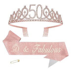 50th Birthday Sash,Rose Gold Tiara Crowns and Tiaras for Women,50th Birthday Decorations for Women,Birthday Crowns for Women,Princess Tiara Adult,Birthday Headband,50th Birthday Gifts for Her