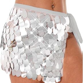 Aukmla Sequin Mini Skirts Sparkly Belly Dance Hip Skirts Party Rave Disco Hip Wrap for Women