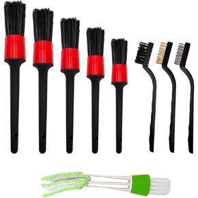 9 PCS Auto Car Detailing Brush Set, Auto Cleaning Brush Set Includes Detailing Brush, Wire Brush & Air Vent Brush, Vehicle Wash Kit for Interior & Exterior, Universal Car Accessories (Red)