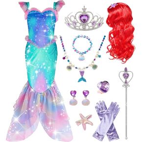 IKALI Little Girls Luxury Mermaid Costume with Accessories Wig Princess Fancy Dress up Clothes