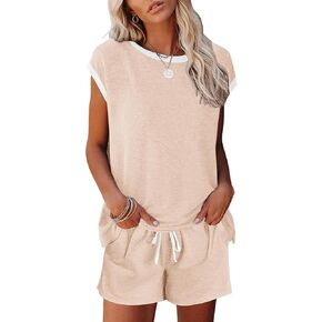 Ekouaer Womens Pajamas Set 2 Piece Short Sleeves PJs O Neck Tops and Drawstring Waist Shorts Soft Lounge Set