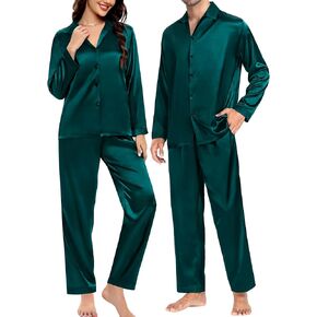 SWOMOG Couples Matching Pajamas Silk Satin Long Sleeve Button Down Sleepwear 2 Pcs Loungewear Mens & Womens Family PJs Set