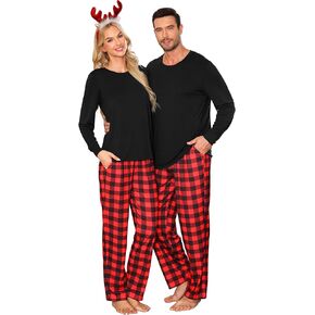 LecGee Matching Christmas Pajamas for Couples Long Sleeve Family Sleepwear Women Men Buffalo Plaid Pjs Pant with Pockets