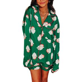 Faretumiya Women Christmas Pajamas Shorts Sets Xmas Printed Long Sleeve Button Down Shirt Lounge Set 2 Piece Pjs Sleepwear in Kuwait