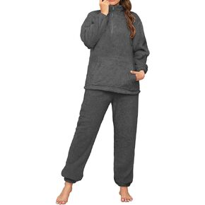Womens Fleece Pajamas Set Winter Fluffy Pullover Loungewear Pjs 2 Piece Plush Pyjama Sets Sleepwear Nightwear